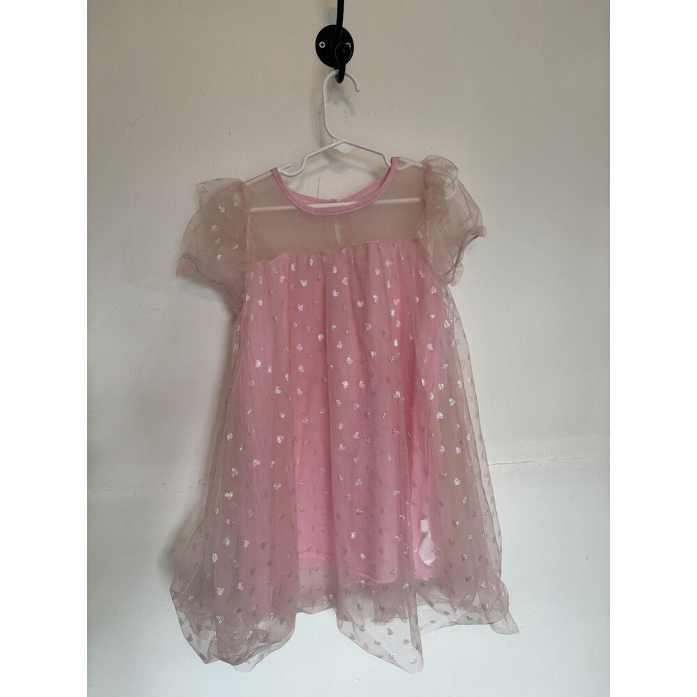 ✨ Girls Pink Heart Party Dress – Size 5– Glitter Hearts -Excellent Condition ✨